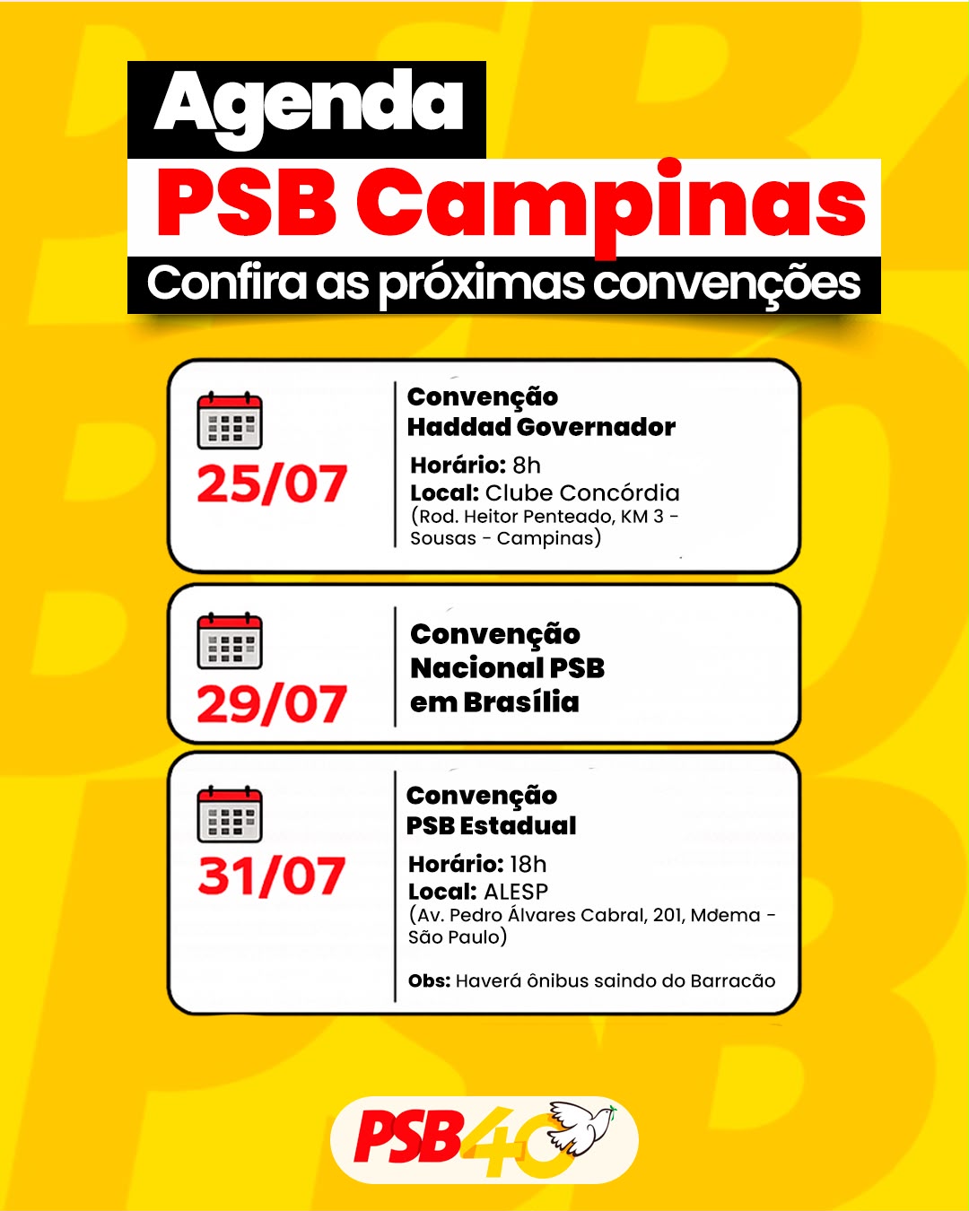 Agenda PSB Campinas — confira as próximas convenções